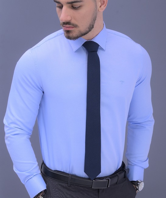 Луксозна синя мъжка официална риза на ситни ивици