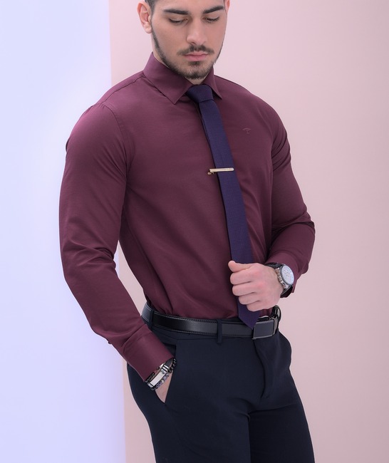 Луксозна едноцветна официална риза в бордо мъжка