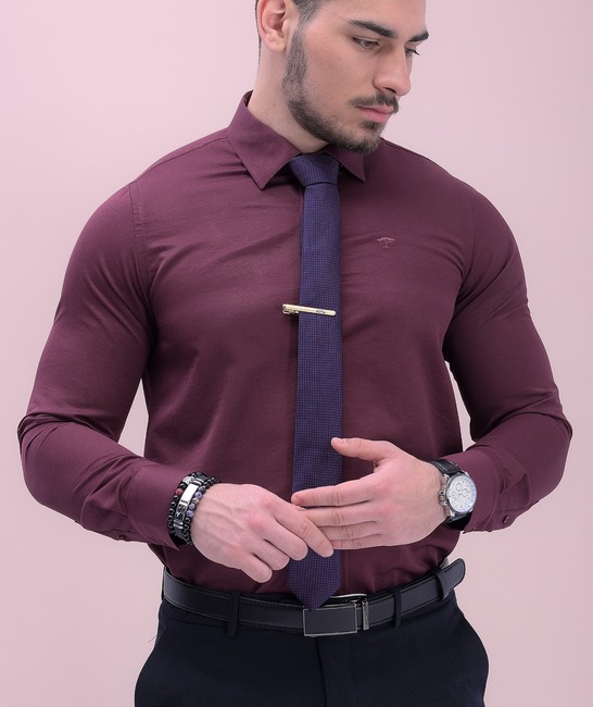 Луксозна едноцветна официална риза в бордо мъжка