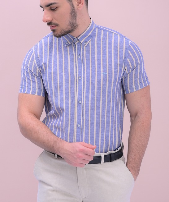 Мъжка раирана ленена риза с къс ръкав в син цвят