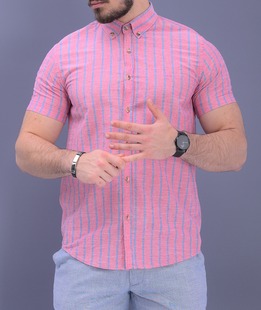 Ленена стилна мъжка риза с къс ръкав в цвят диня на синьо райе