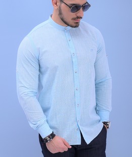 Ефектна мъжка ленена риза с попска яка в синьо с дълъг ръкав
