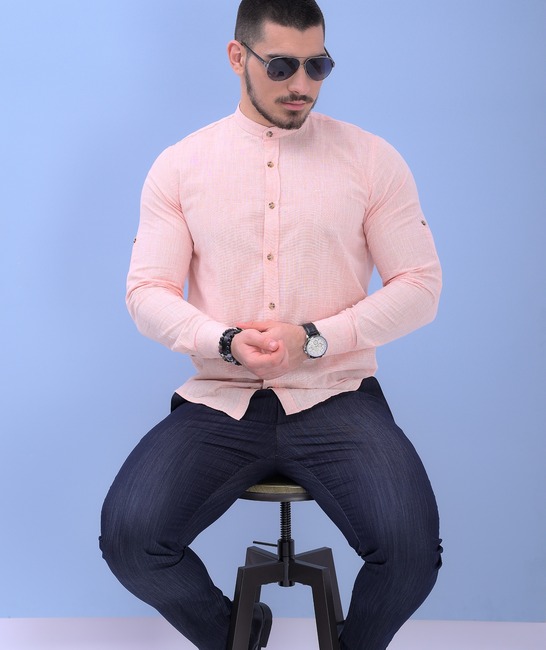Ленена стилна риза със столче яка в цвят диня