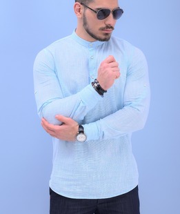 Ленена риза с половин закопчаване и столче яка мъжка