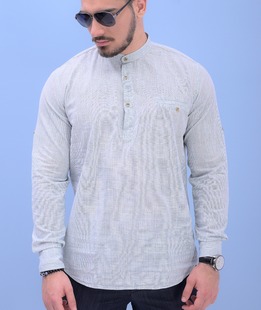 Ленена мъжка риза без яка с половин закопчаване в зелено