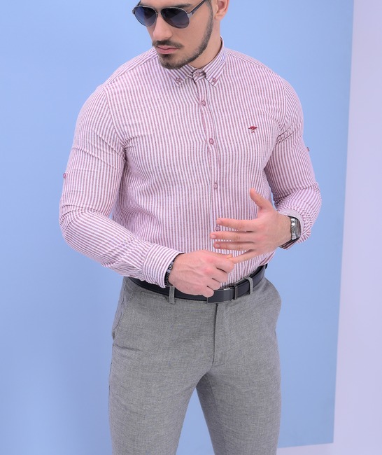 Ленена стилна раирана мъжка риза в бордо и бяло