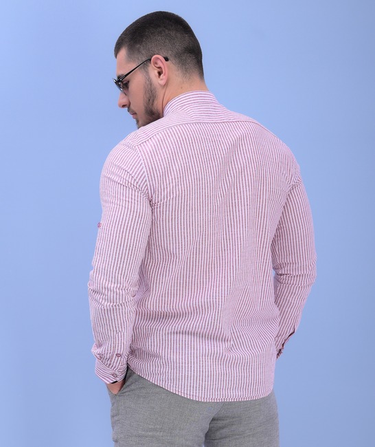 Ленена стилна раирана мъжка риза в бордо и бяло