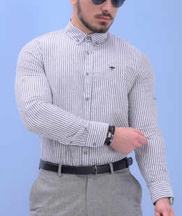 Елегантна ленена риза с дълъг ръкав в бяло и черно