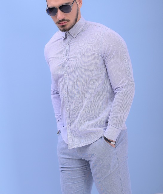 Ленена елегантна мъжка риза с дълъг ръкав в светло сиво