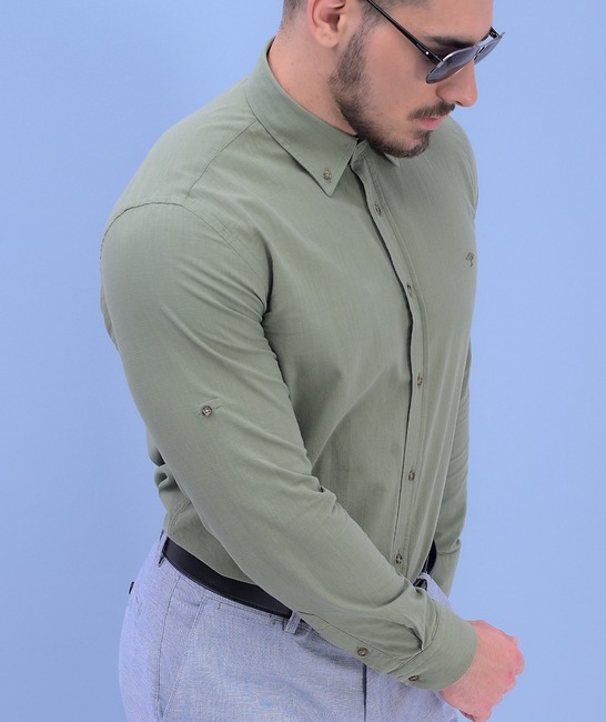Изискана ленена зелена риза с дълъг ръкав