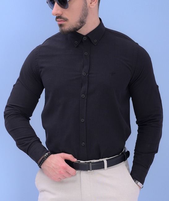 Изчистена стилна черна ленена риза с дълъг ръкав