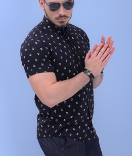 Черна риза с къс ръкав с котви