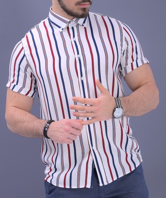 Мъжка бяла елегантна раирана риза в синьо и бордо