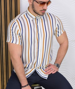 Раирана риза в горчица и синьо с къс ръкав от вискоза