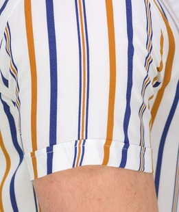 Раирана риза в горчица и синьо с къс ръкав от вискоза