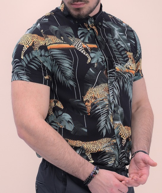 Мъжка риза с принт леопард и палмови листа