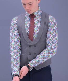 Луксозен мъжки двуредов сив елек с голям ревер