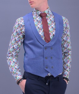 Стилен двуредов мъжки син елек с голям ревер