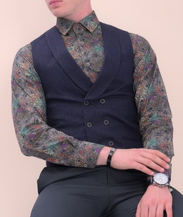 Луксозен мъжки елек в тъмно синьо двуредов