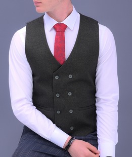 Маслено зелен мъжки двуредов елек с остър ревер