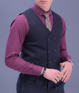 Тъмно син стилен двуредов елек с остър ревер