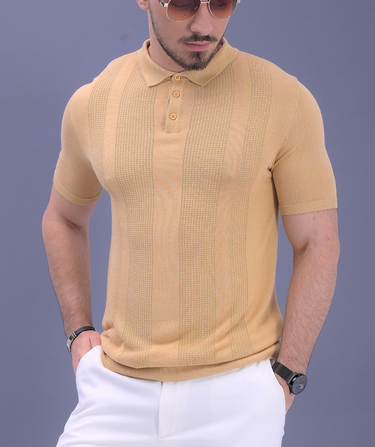 Памучна поло блуза с къс ръкав мъжка в цвят грочица