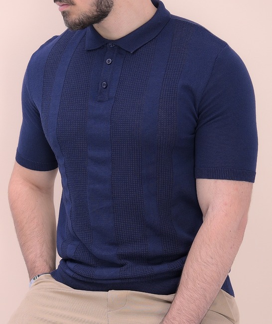Мъжка памучна плетена тениска с яка в тъмно синьо
