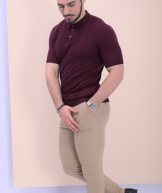 Памучна плетена мъжка тениска с яка в бордо