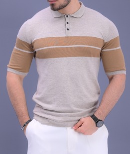 Мъжка плетена тениска с яка в бежов цвят на кафяви ленти