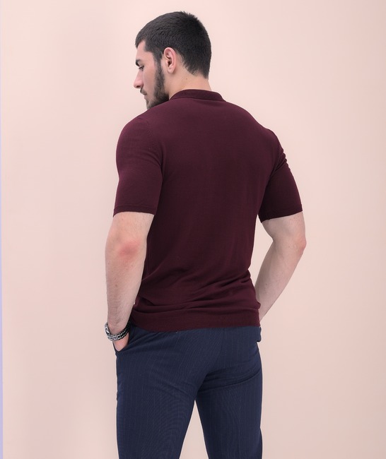 Плетена едноцветна стилна тениска с яка в бордо мъжка