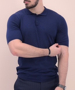 Мъжка фланелка с къс ръкав от тънко плетиво в тъмно синьо