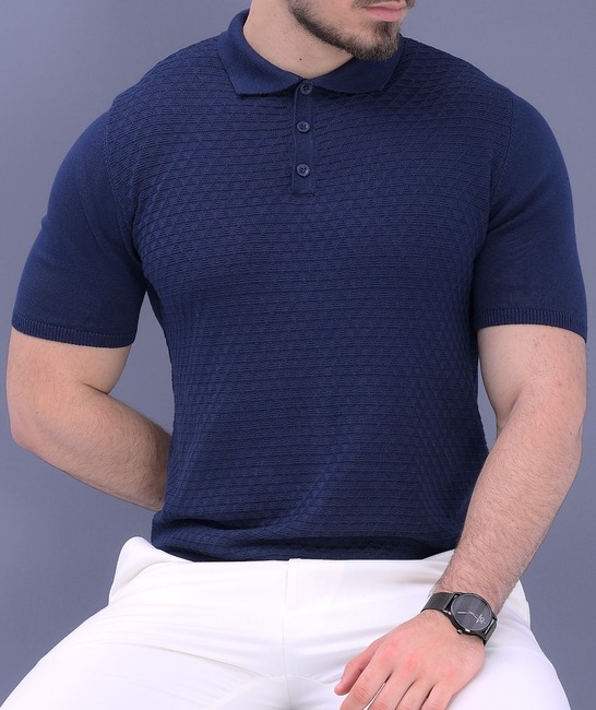 Мъжка плетена тениска с къс ръкав в тъмно синьо с яка