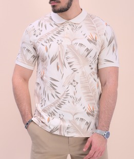 Мъжка тениска с копчета и яка в бежово на листа