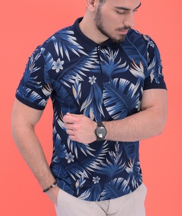 Мъжка тъмно синя тениска с къс ръкав на флорални елементи