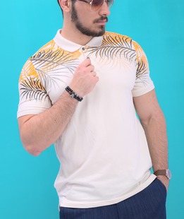 Мъжка поло тениска на тропически листа в бежаво