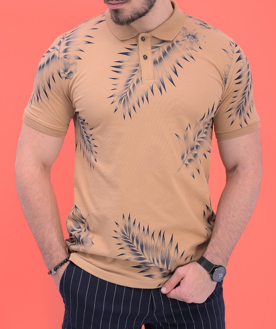 Мъжка тениска с къс ръкав с копчета и яка в кафяво на листа