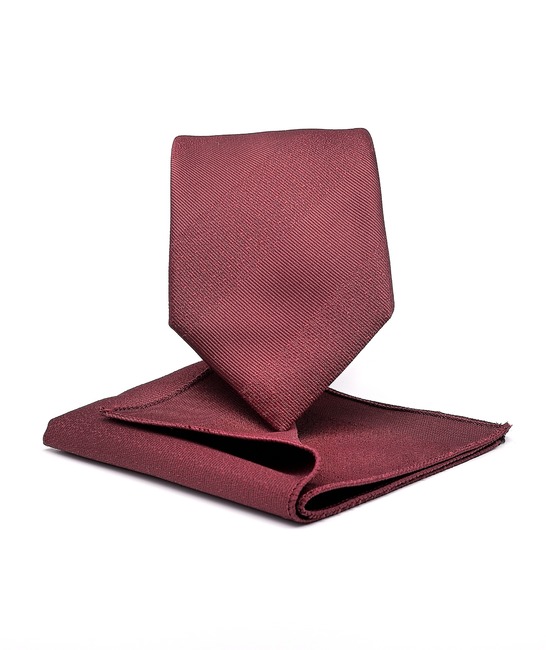 Елегантна мъжка вратовръзка с кърпичка на ленти цвят бордо