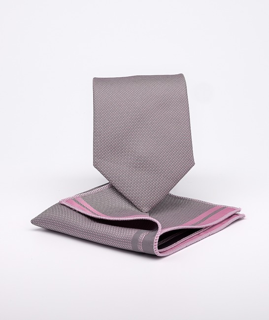 Класическа розова вратовръзка на сиви точки с кърпичка
