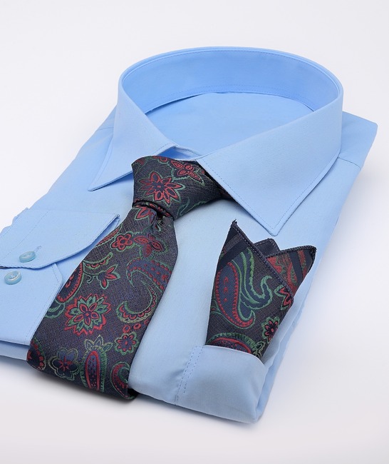 Синя premium вратовръзка на шарени пейсли елементи с кърпичка