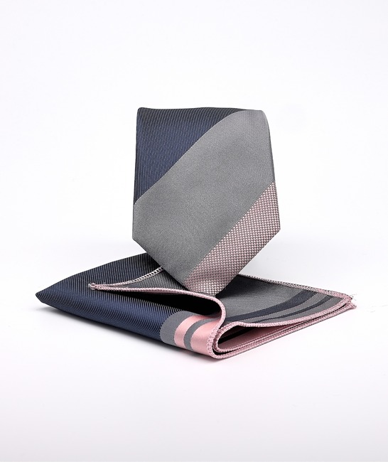 Мъжка елегантна синя вратовръзка на сиви и розови ленти с кърпичка