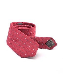 Елегантна тясна мъжка вратовръзка цвят червен на бели квадратчета със синя текстура