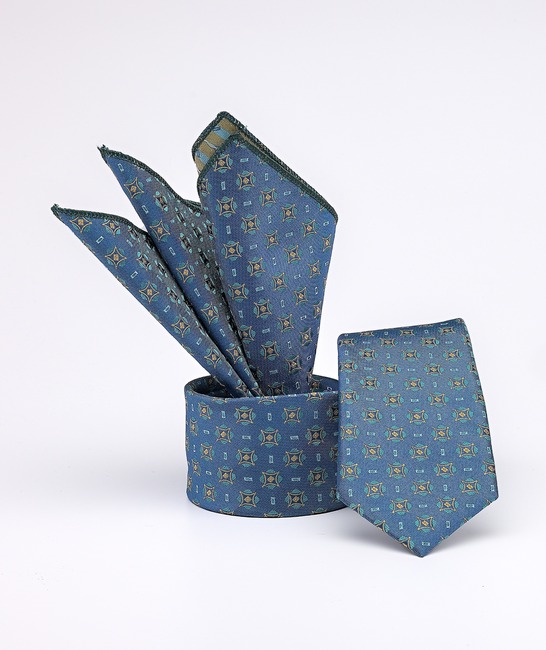 Синьо зелена тънка мъжка вратовръзка на златни ромбоидчета