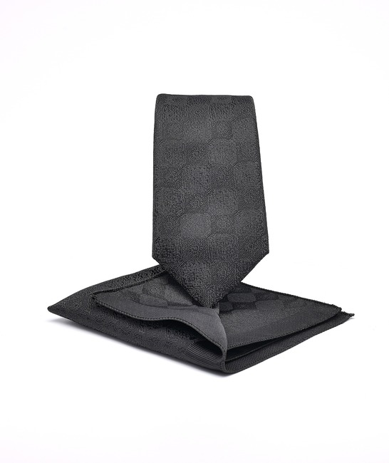 Луксозна черна вратовръзка на шахмат с кърпичка