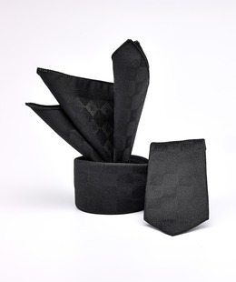 Луксозна черна вратовръзка на шахмат с кърпичка