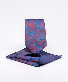 Синя slim вратовръзка на пейсли елементи с кърпичка