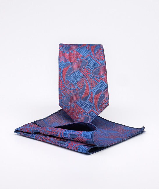 Синя slim вратовръзка на пейсли елементи с кърпичка
