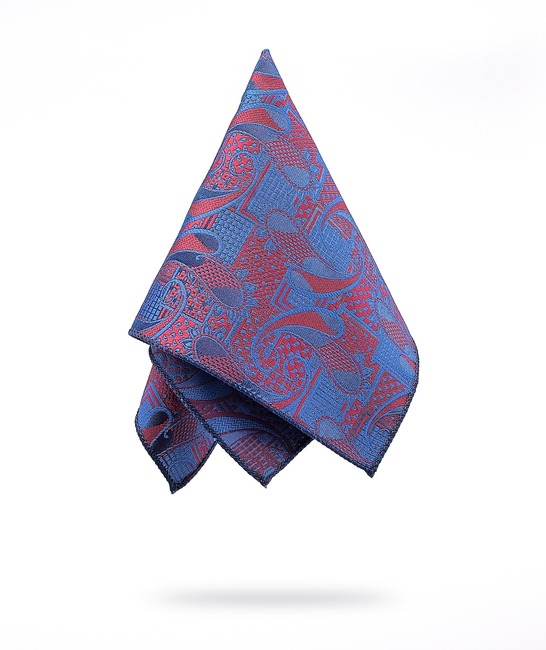 Синя slim вратовръзка на пейсли елементи с кърпичка