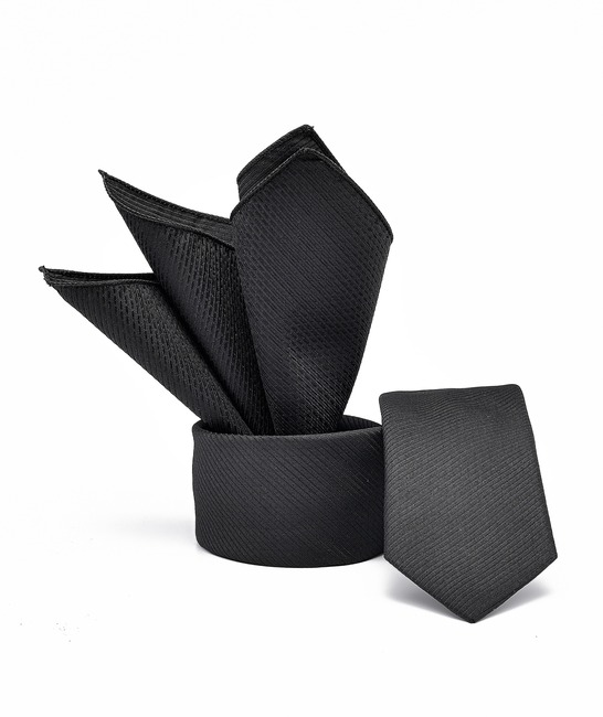 Луксозна черна premium вратовръзка на ленти с кърпичка