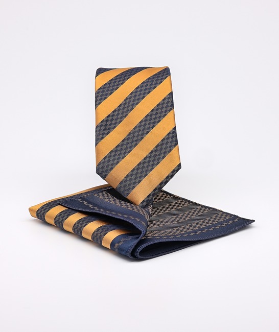 Мъжка стилна вратовръзка на сини ленти цвят горчица с кърпичка