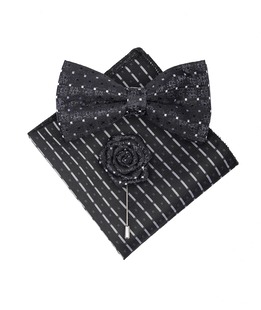 Черна папионка игла за ревер и кърпичка в комплект